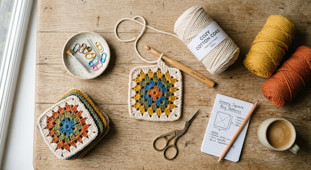 Crochet tools and yarn needed for a granny square handbag.