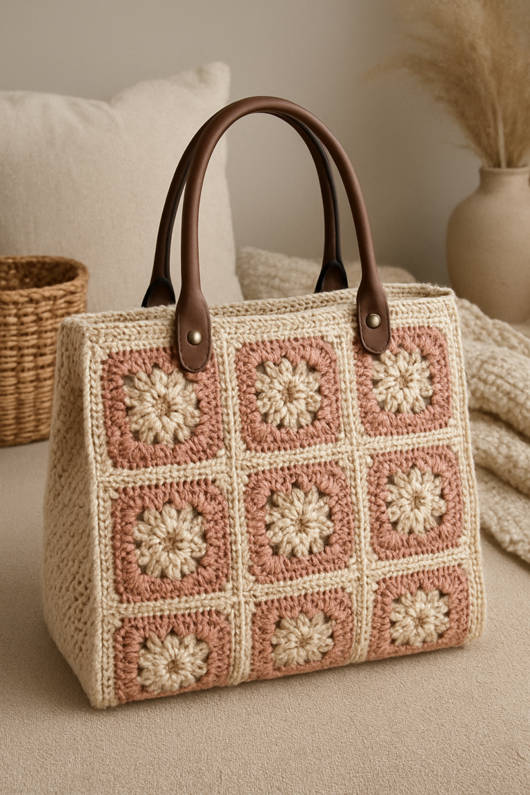 Completed crochet granny square handbag with stylish handles.