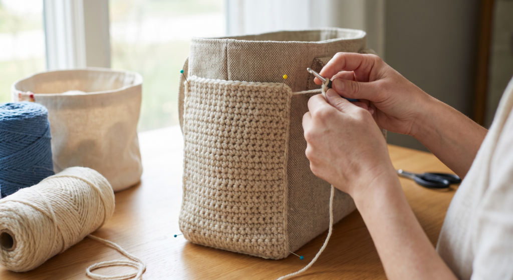 Crochet side panel being worked in single crochet rows.