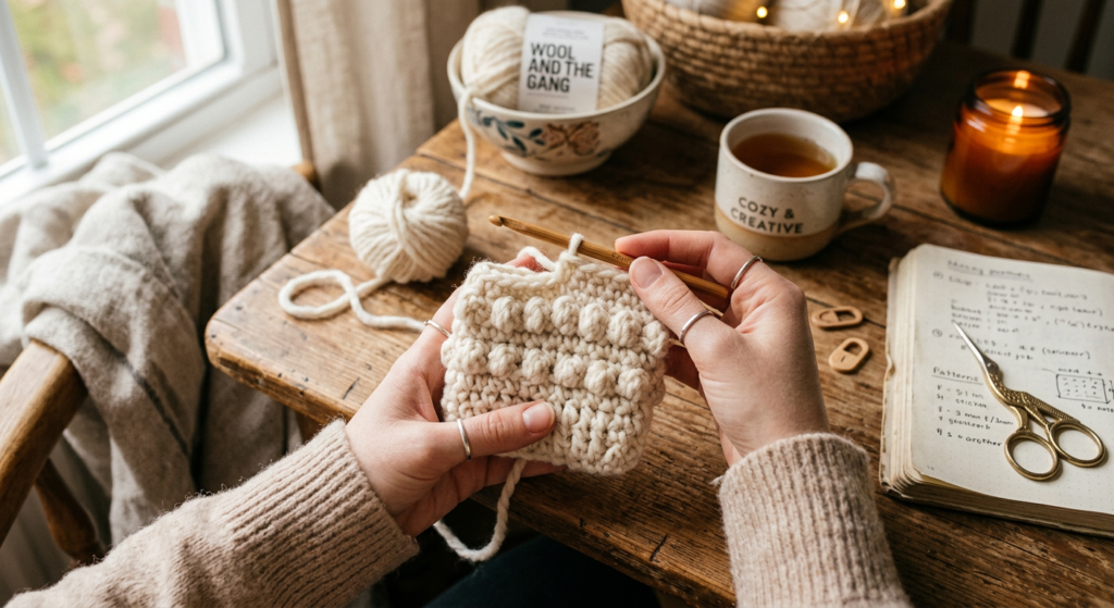 Close-up of textured crochet stitches while making a nano pouch.