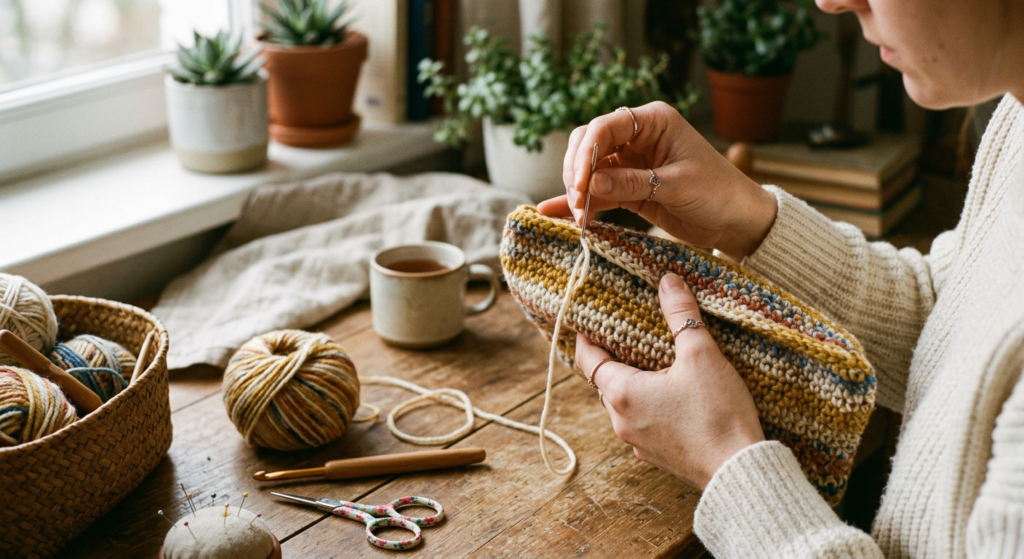 Crochet pouch sides being stitched together with a tapestry needle.