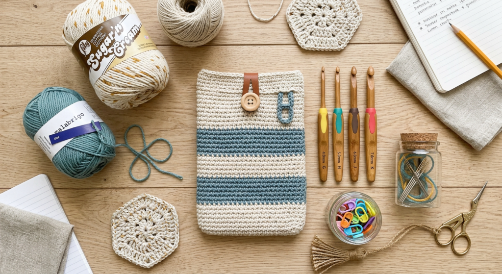 Crochet supplies arranged neatly for making a handmade pouch pattern.