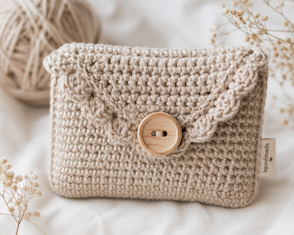 Crochet pouch flap with decorative button closure detail.