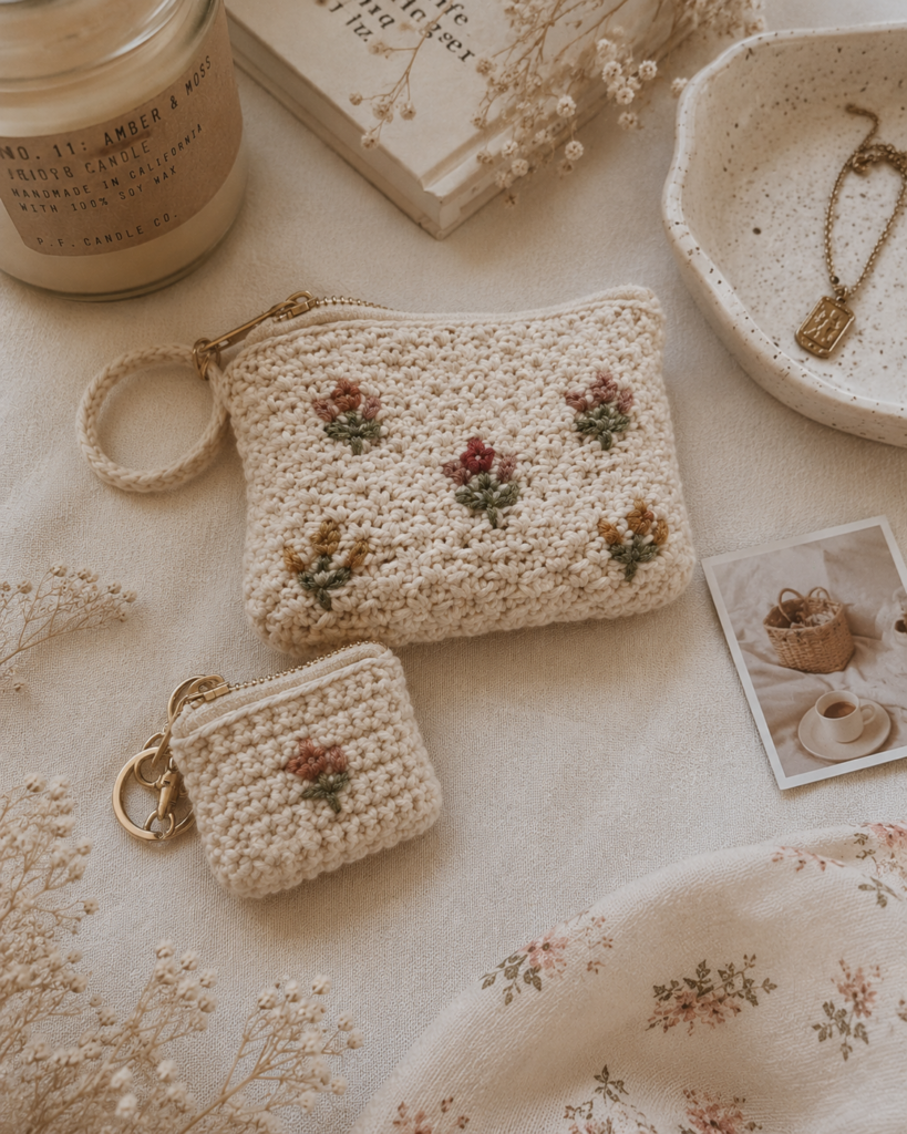 Handmade nano and mini crochet pouches displayed together on a cozy surface.