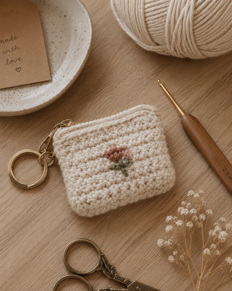 Handmade crochet nano pouch placed beside crochet tools on a wooden table.