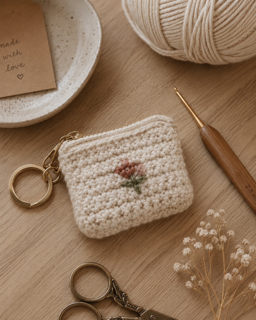 Handmade crochet nano pouch placed beside crochet tools on a wooden table.