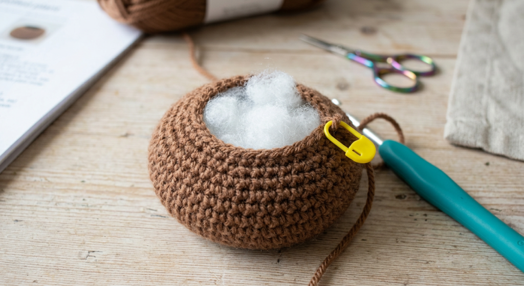 Brown crochet soil insert stuffed for hanging plant amigurumi.