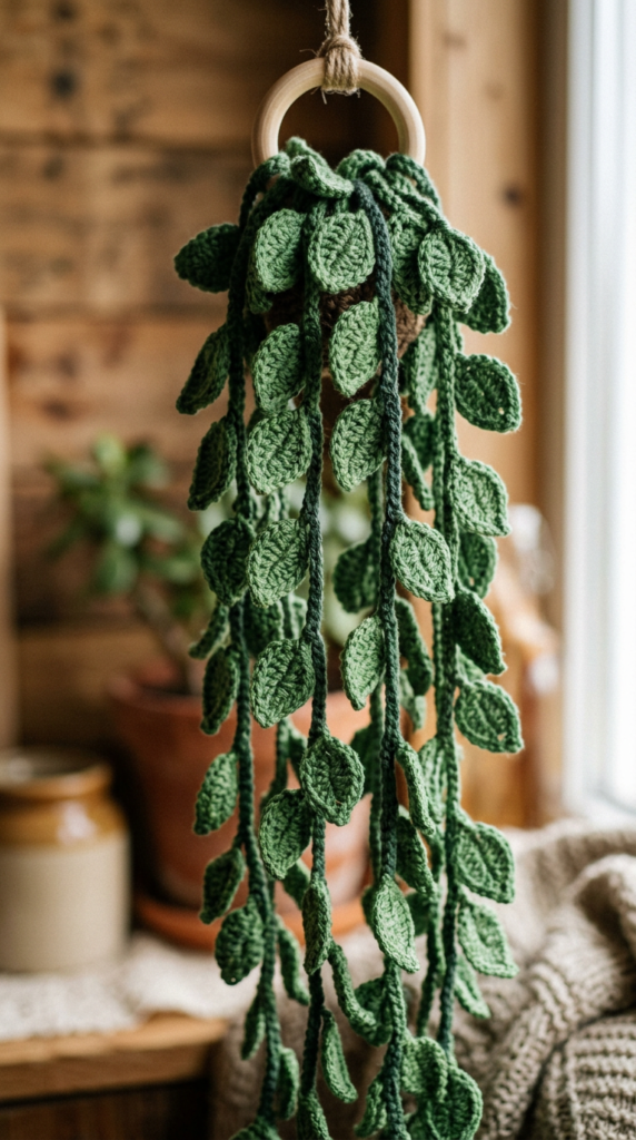 Detailed crochet drooping leaves attached to a hanging plant vine.