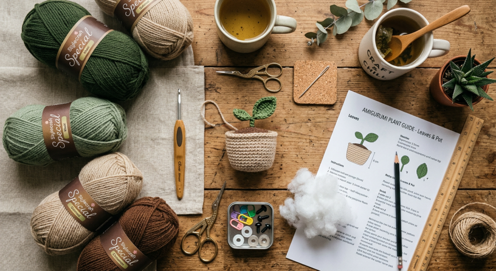 Crochet supplies arranged for making a hanging plant amigurumi pattern.