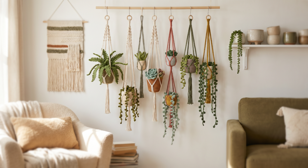 Collection of crochet hanging plants styled in a modern boho interior.