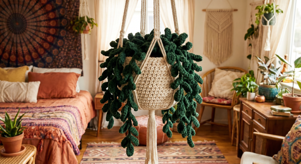 Finished crochet hanging plant displayed as cozy handmade home décor.