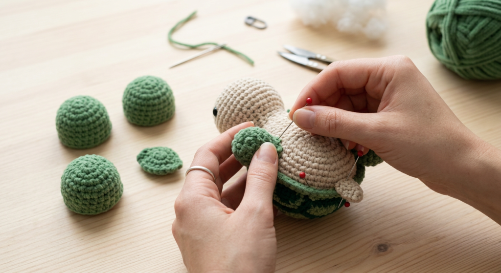 Crochet turtle legs and tail pieces arranged before assembly.