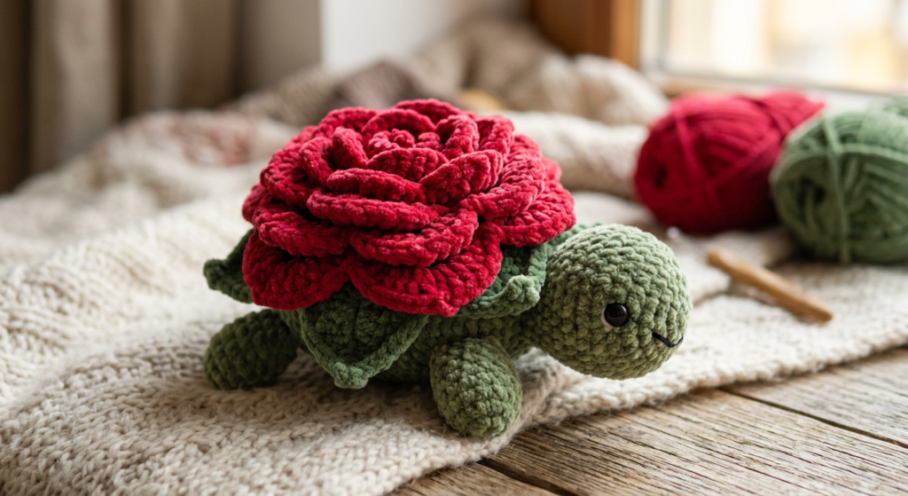 Crochet rose shell detail on plush turtle amigurumi.