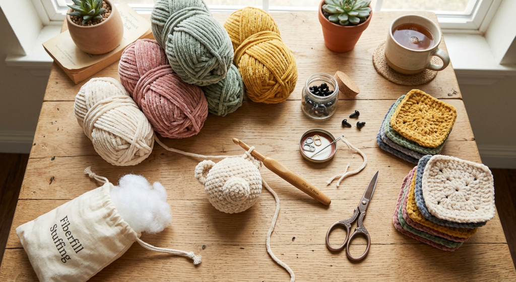 Crochet supplies for making a rose turtle amigurumi including chunky yarn and hook.