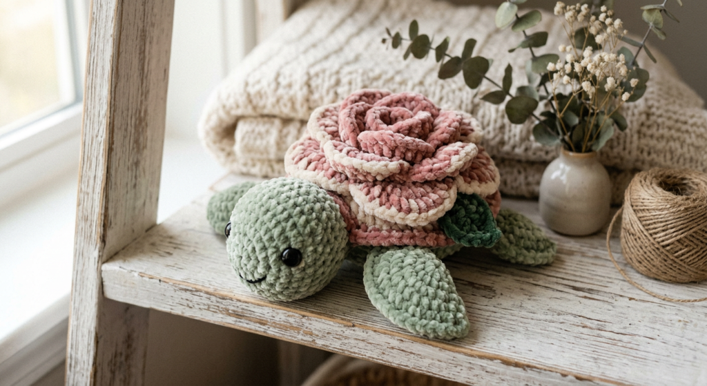Crochet rose turtle plush made with chunky velvet yarn and floral shell detail.