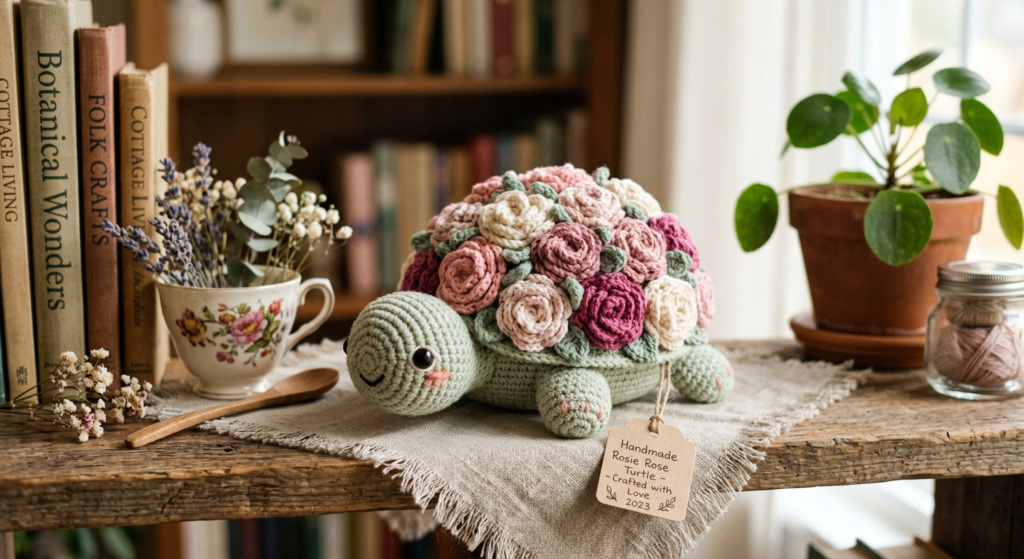 Finished crochet rose turtle plush toy displayed on cozy background.