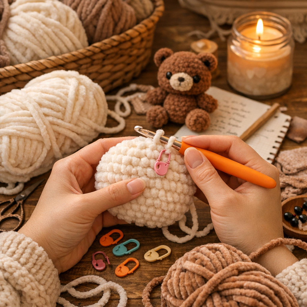 Beginner crocheter working with plush velvet yarn and stitch markers.