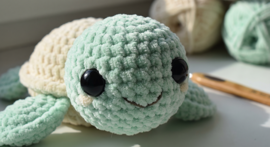 Soft crochet turtle head with safety eyes and plush texture.