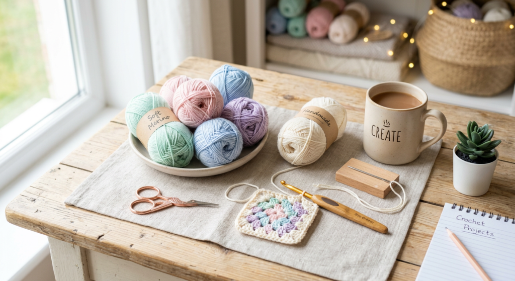 crochet sweater supplies with yarn and crochet hook