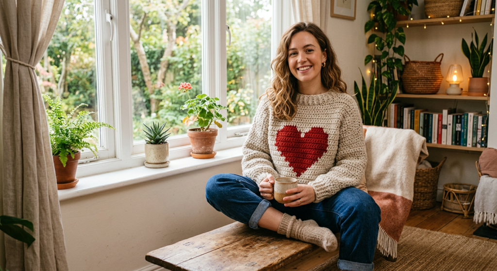 woman wearing oversized crochet heart sweater