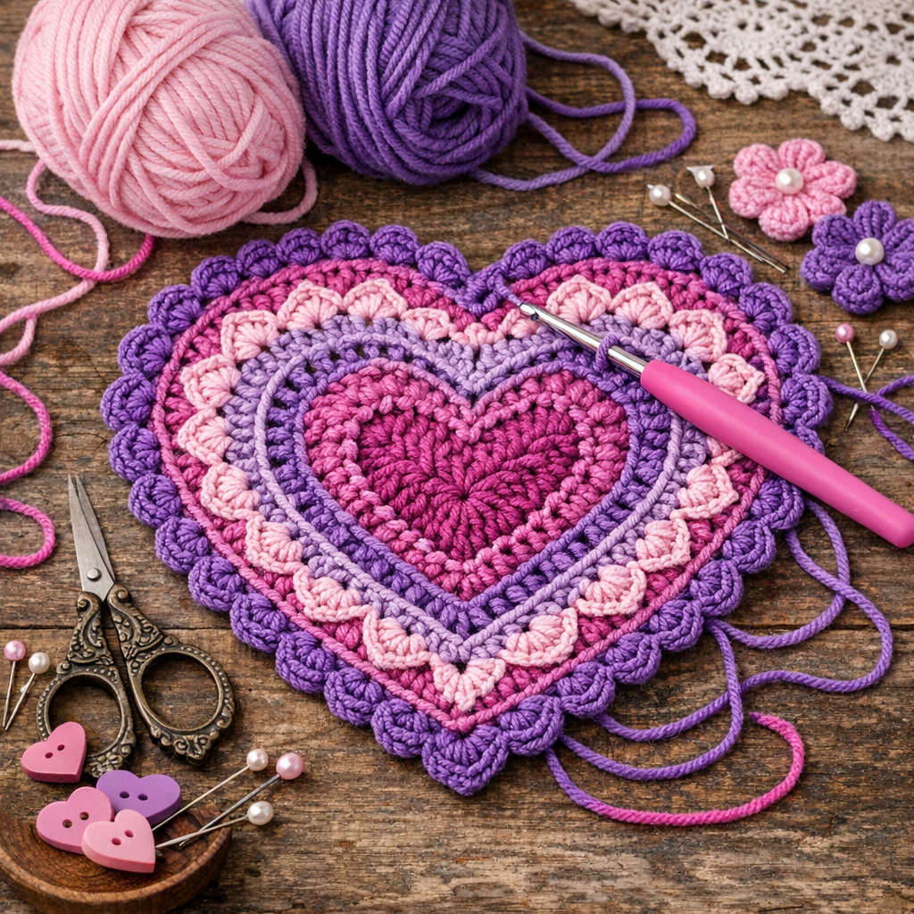 close up of crochet heart pattern on sweater