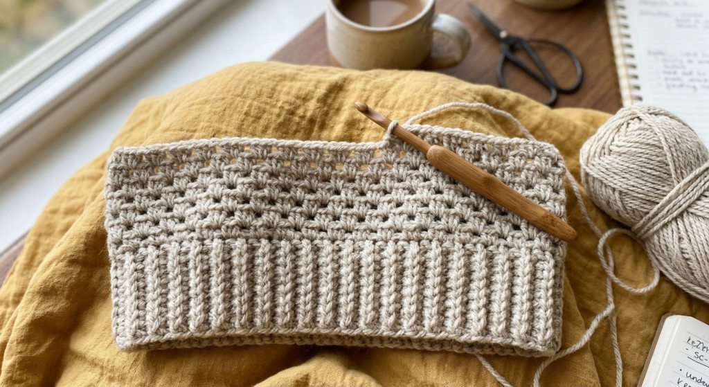 crochet sweater back panel with ribbing detail