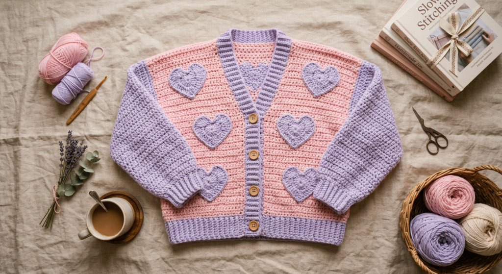 crochet heart sweater in pastel pink and lavender yarn