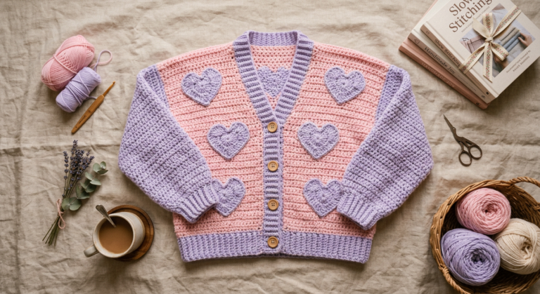 crochet heart sweater in pastel pink and lavender yarn