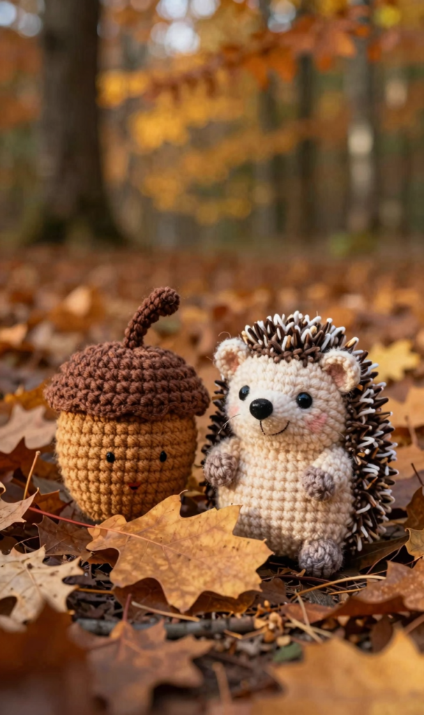 Crochet woodland accessories including acorn and oak leaf.