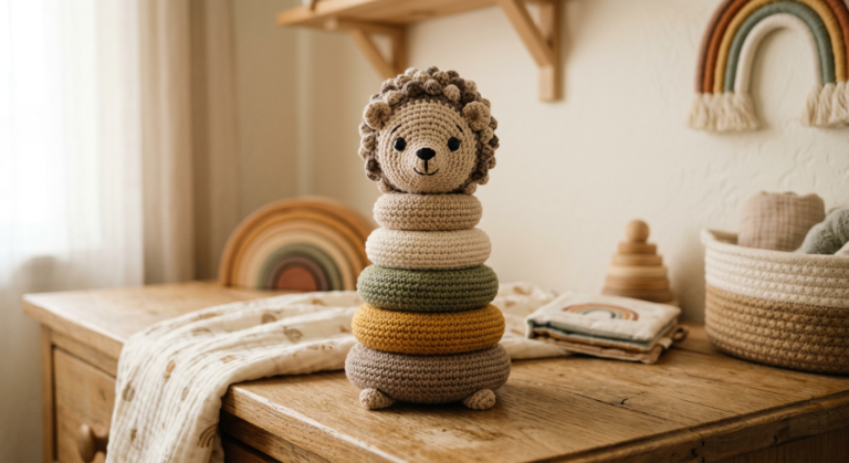 Crochet hedgehog stacking toy with stacked rings and woodland accessories.