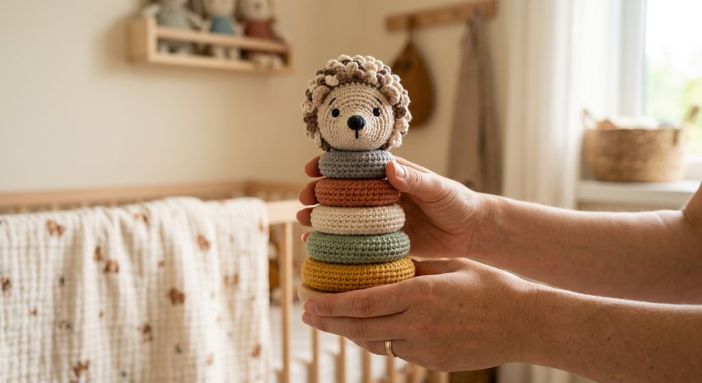 Finished crochet hedgehog stacking toy held in hands.