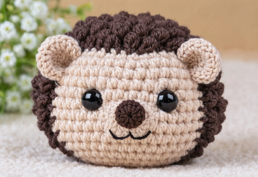 Close-up of a crochet hedgehog face with handmade details.