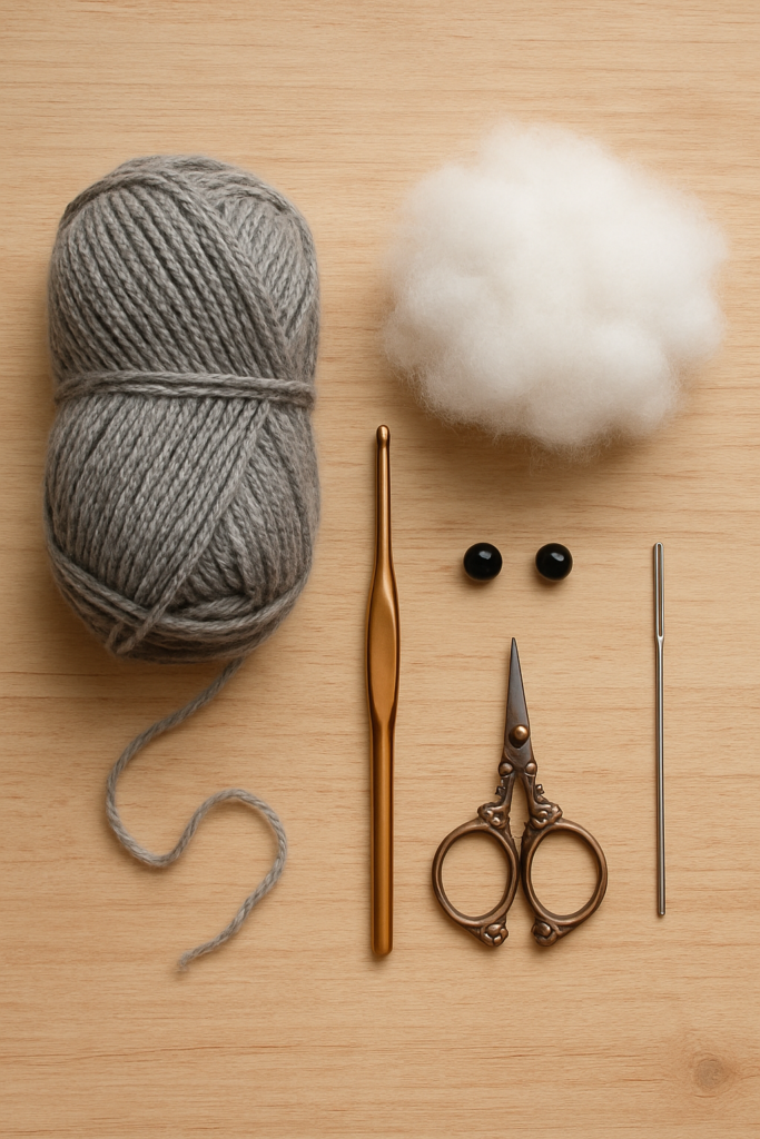 Crochet materials for making a hedgehog stacking toy.