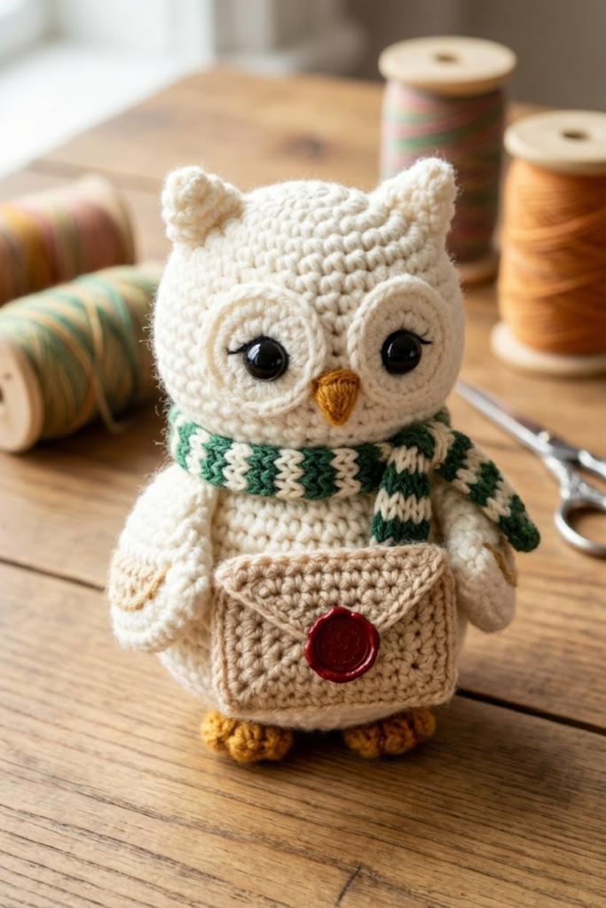 “Finished crochet owl plush with detailed handmade embroidery accents”