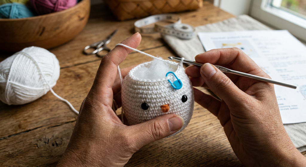 “Crochet owl body worked in continuous amigurumi rounds”