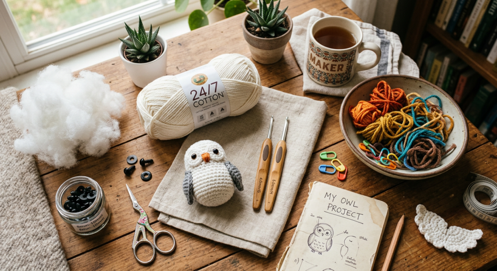 “Crochet owl pattern supplies arranged on cozy crafting workspace”