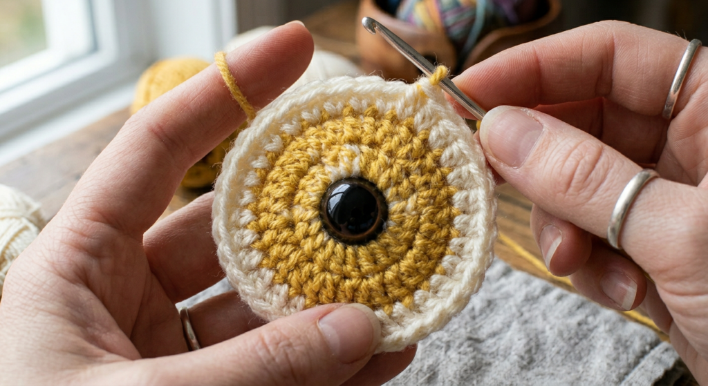 “Crochet owl eyes with yellow and white amigurumi detailing”