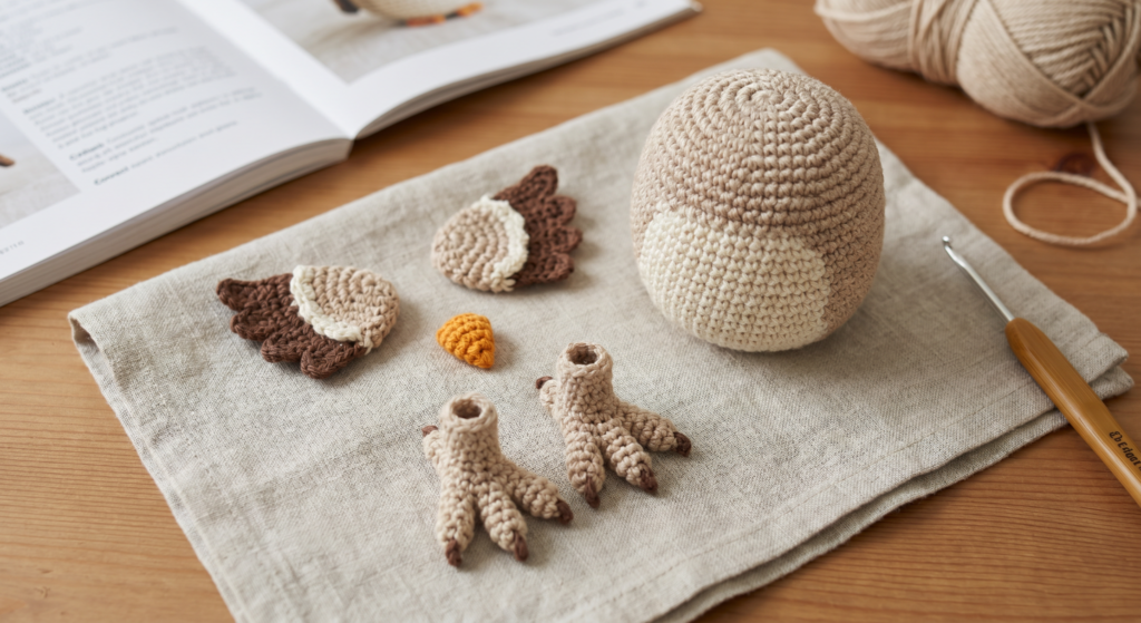 “Crochet owl wings feet and beak ready for assembly”