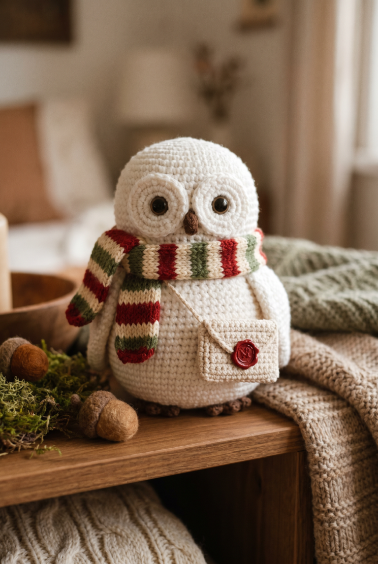 “Crochet owl plush with scarf and tiny envelope accessory”
