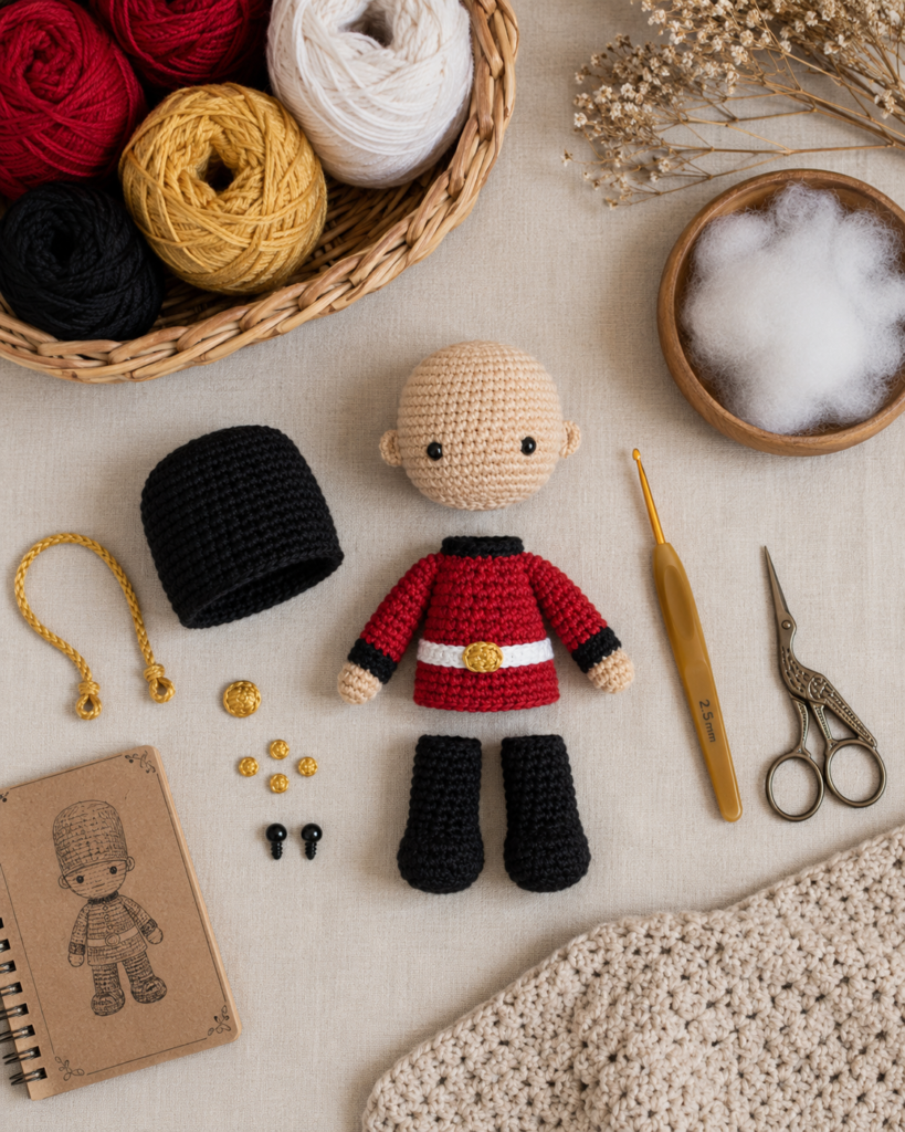 Crochet supplies and yarn arranged for amigurumi doll making.