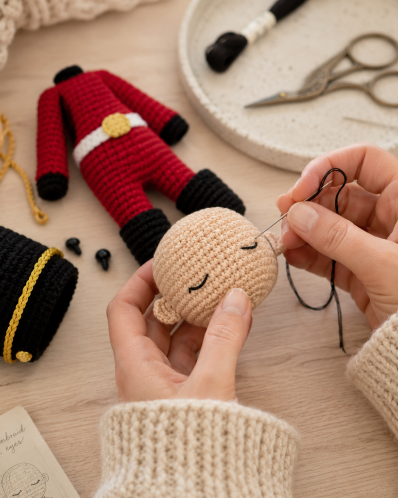 Close-up of a crochet doll face with embroidered sleepy eyes.