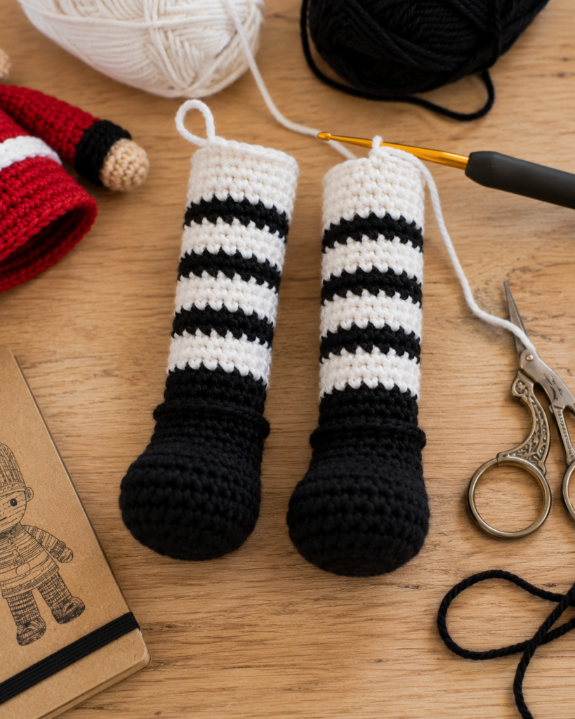 Crochet amigurumi legs and boots being assembled.