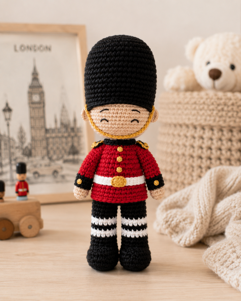 Crochet guard doll amigurumi with red uniform and black boots.