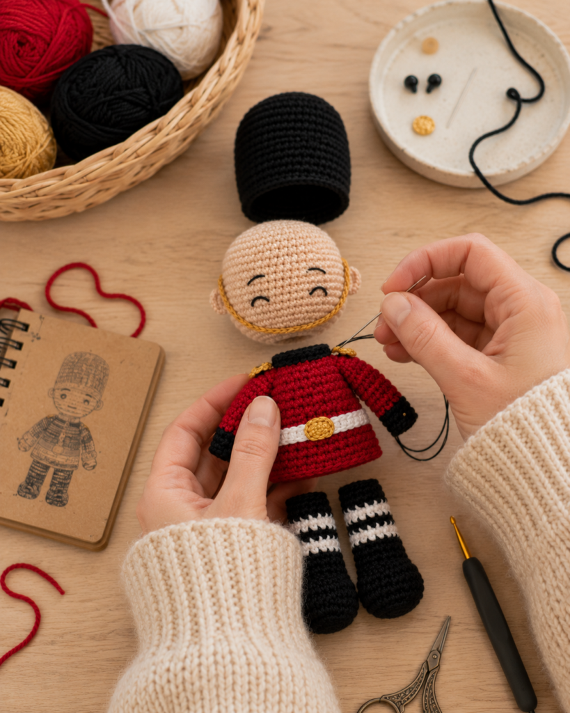 Crochet doll pieces being sewn together during assembly.