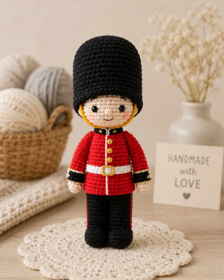 Finished crochet guard doll wearing a black hat and red coat.