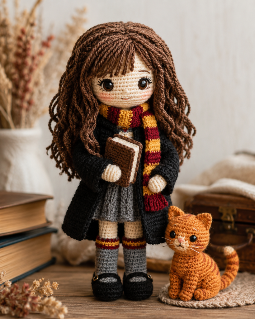 Hermione crochet doll with robe and Crookshanks cat