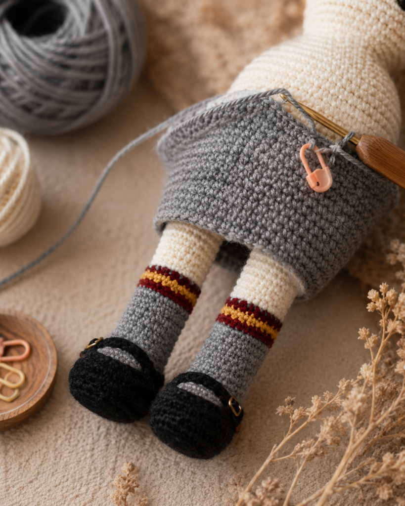 Hermione crochet doll body and legs in progress