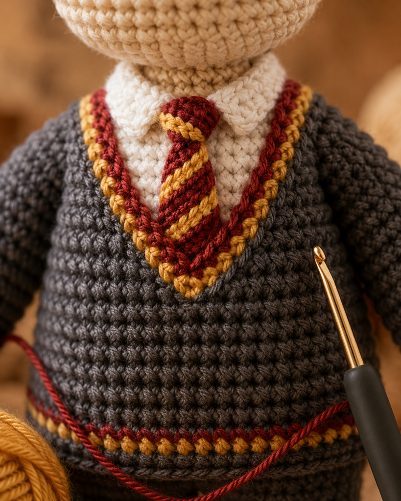 Crochet doll uniform with surface crochet necktie