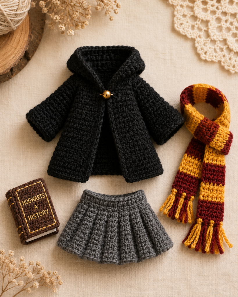 Crochet robe skirt and striped scarf accessories