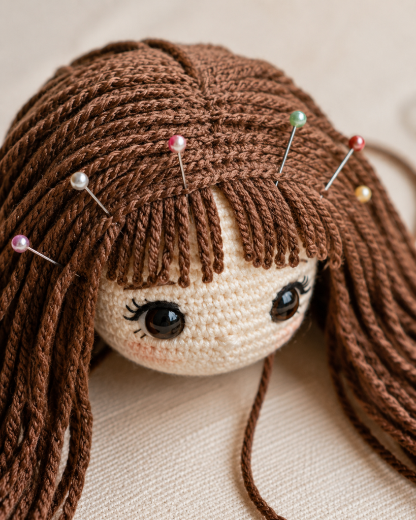 Brown crochet doll hair strands pinned in place